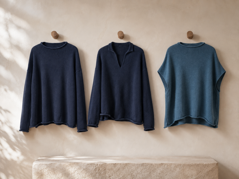 Natural fibre knitwear for women shown as an Ochre-inspired wall display with Jonah Organic Cotton Jumper, Row Split Neck Cashmere Blend Jumper and Rumi Dropped Sleeve Gilet.