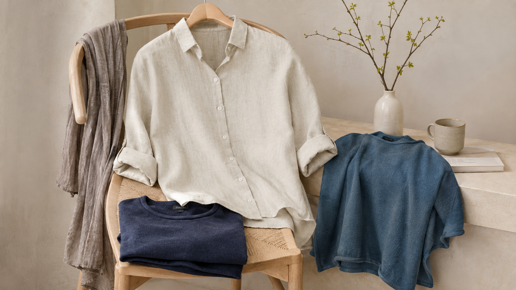 Natural fibre wardrobe weekend mood image with a linen shirt, soft knitwear layers and a scarf arranged on a wooden chair in a calm neutral interior.