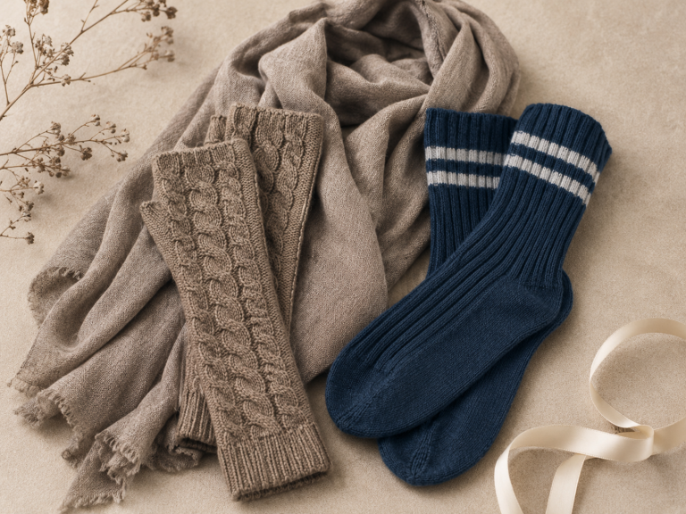 Practical winter accessories shown in a gift-style flat lay with an Ochre scarf, cable fingerless gloves and striped socks.