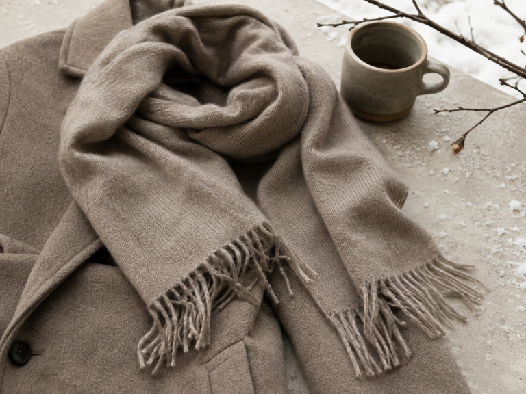 Scarf outfit ideas shown in a winter flat lay with a soft scarf, coat sleeve, ceramic cup and calm seasonal mood.