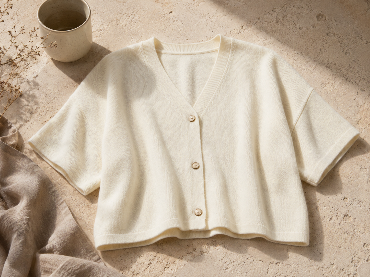 Short sleeve cardigan outfit shown with Ochre’s Nano Button Short Sleeve Cardigan in a soft buttermilk tone, featuring a deep V neckline, three-button front and cropped relaxed shape.