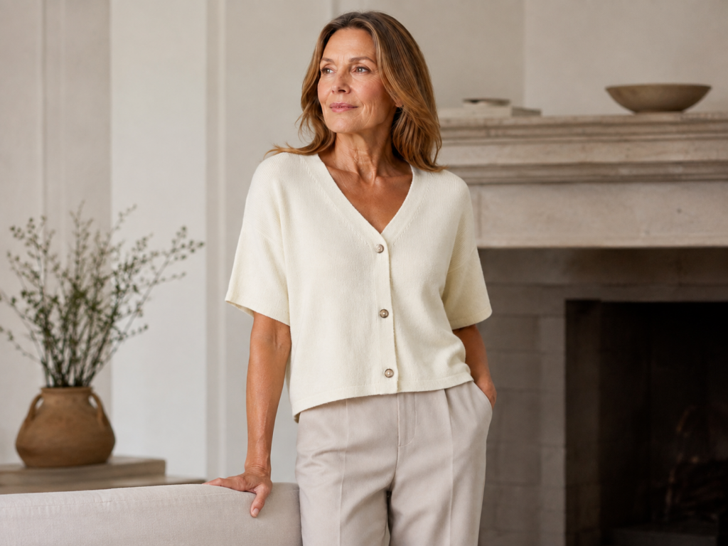Short sleeve cardigan outfit shown on a mature woman wearing Ochre’s Nano Button Short Sleeve Cardigan with a deep V neckline, three-button front and soft cropped shape.