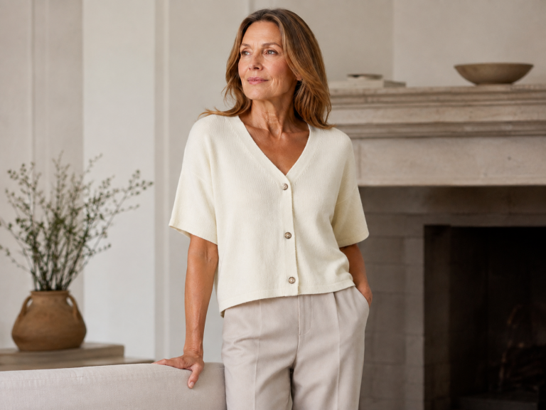 Short sleeve cardigan outfit shown on a mature woman wearing Ochre’s Nano Button Short Sleeve Cardigan with a deep V neckline, three-button front and soft cropped shape.