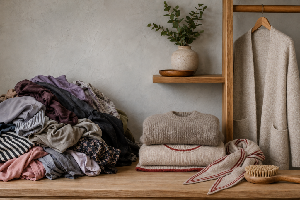 Slow fashion vs fast fashion shown through carefully kept natural-fibre knitwear beside a cluttered pile of clothing.