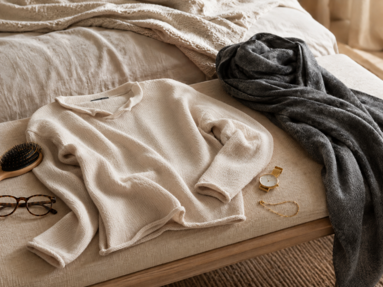 Warm jumpers for women shown in a soft bedroom scene with an Ochre-inspired Egg Cropped Boxy Jumper, scarf, glasses and jewellery.