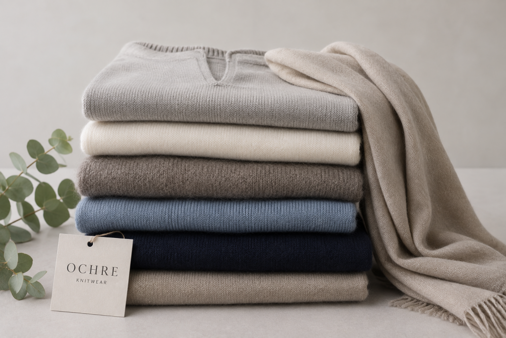 How to dress warm without looking bulky shown through folded Ochre-inspired natural fibre layers, with soft jumpers, fine knit texture and a light wrap.
