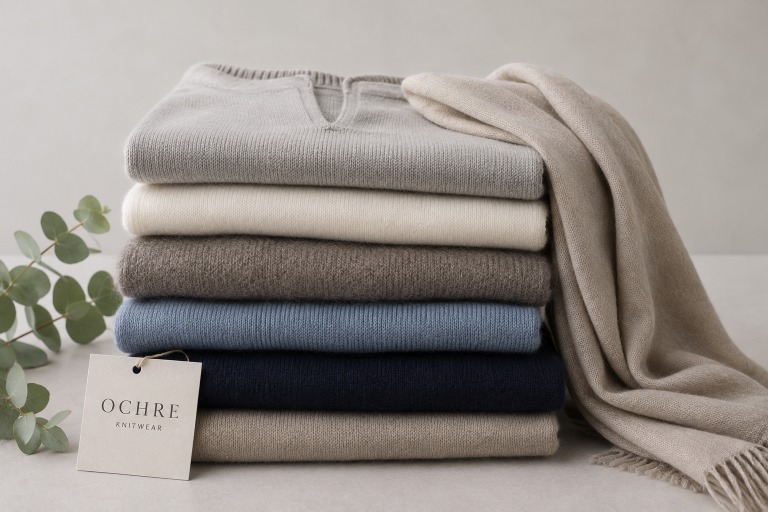 How to dress warm without looking bulky shown through folded Ochre-inspired natural fibre layers, with soft jumpers, fine knit texture and a light wrap.