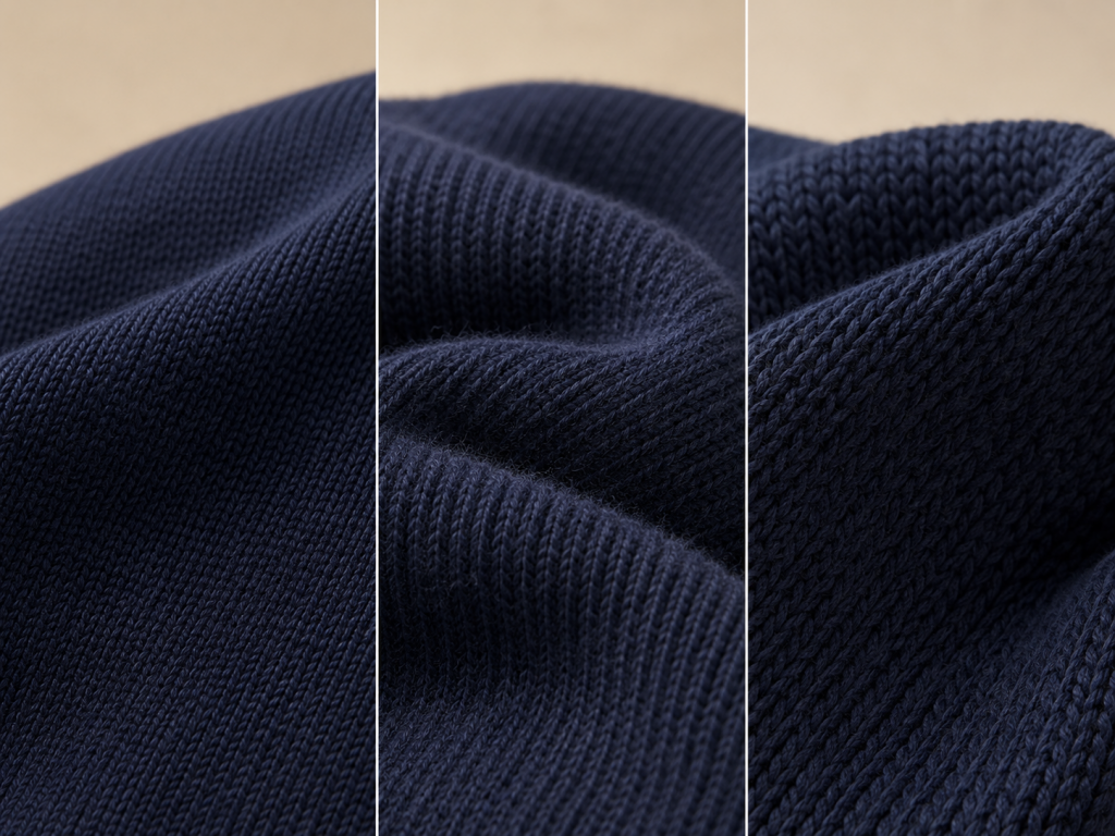 What does gauge mean in knitwear close-up comparison of different Ochre knit textures showing how stitch density changes the fabric appearance
