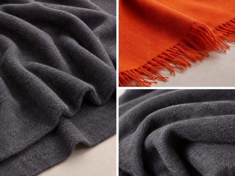 What makes good cashmere close-up of Ochre cashmere texture featuring the Cashmere Travel Wrap, Cashmere Shawl and a soft detail study of premium cashmere fibres.