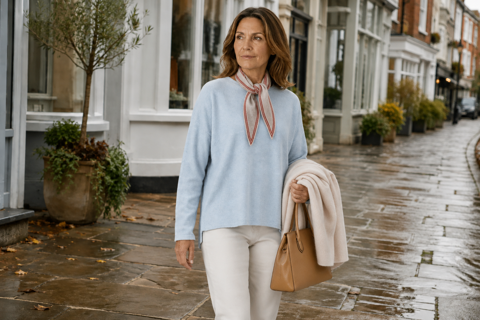 Woman wearing the Chalk Blue Ochre Kitty cashmere-blend jumper on a wet UK street in October