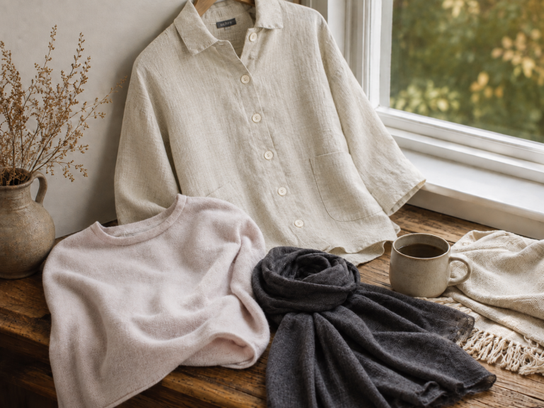What to wear in September in the UK with Ochre early autumn layers including a linen shirt jacket, soft jumper, scarf and wrap beside a window.