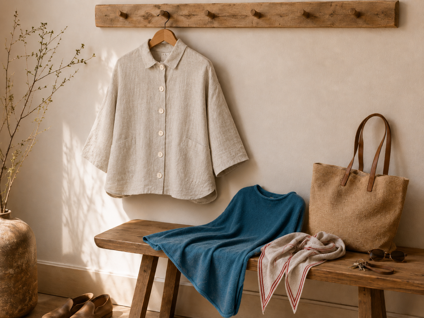 What to wear when it’s too warm for a coat – Iona Linen Shirt Jacket, Rumi Dropped Sleeve Gilet and Bontie Bandana Scarf in a softly styled hallway scene