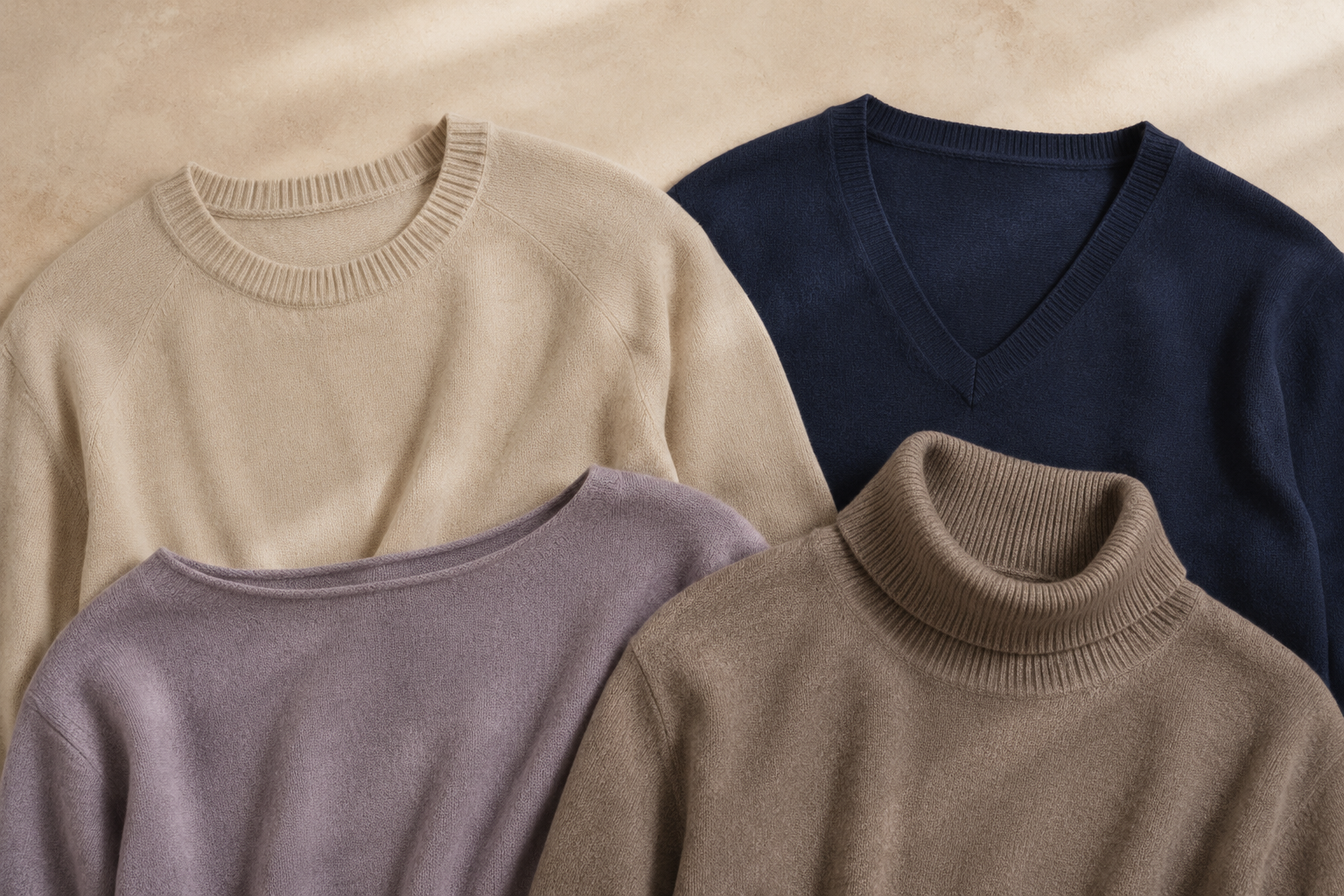 Four natural-fibre jumpers showing crew, V-neck, boat and polo necklines