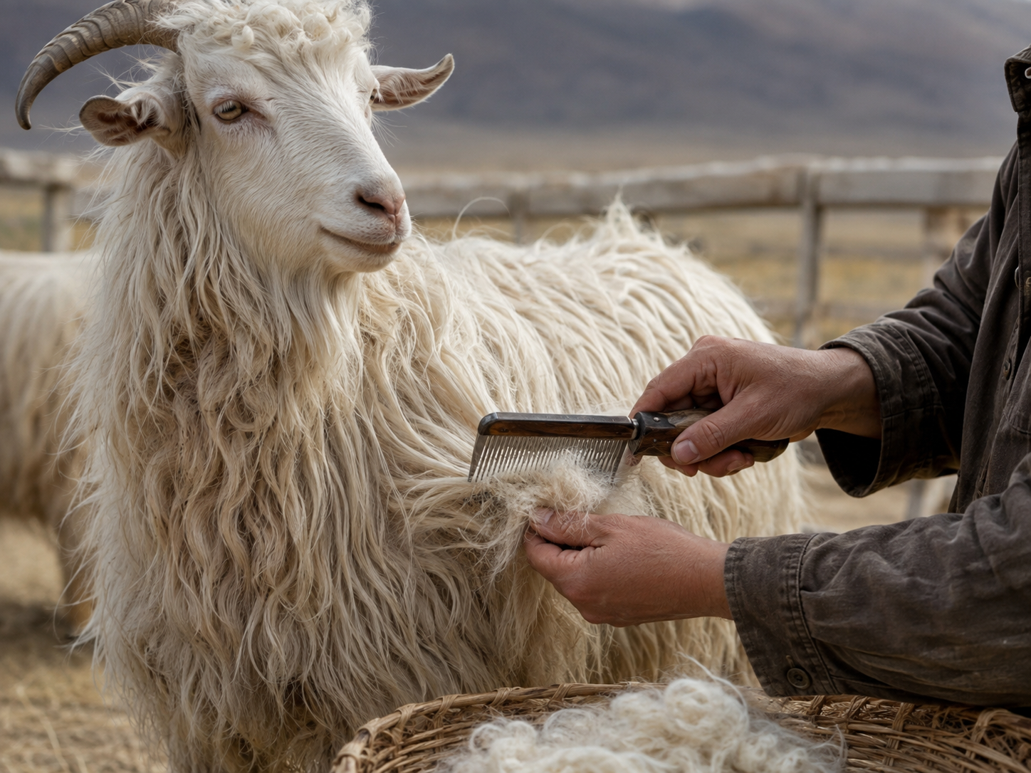 Why is cashmere expensive shown through the careful combing of a cashmere goat to collect soft undercoat fibre.