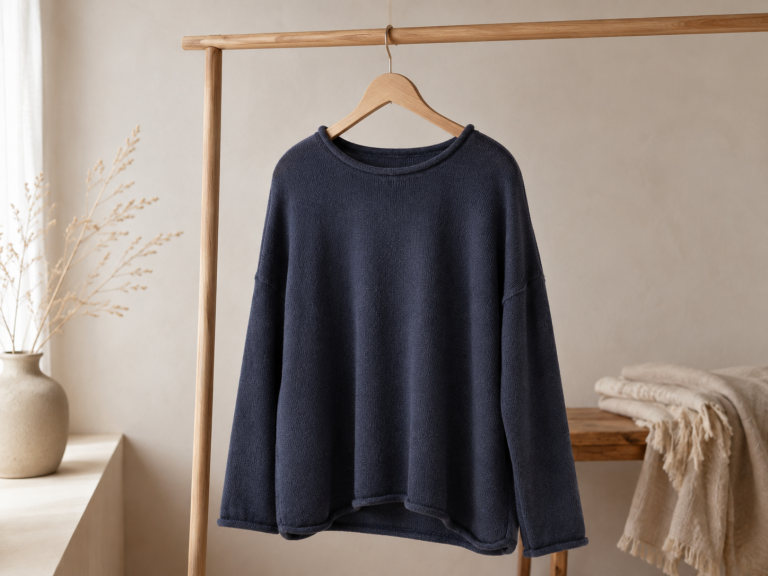 Wide neck cotton jumper shown through Ochre’s Jonah Organic Cotton Jumper, featuring a relaxed boxy shape, dropped shoulders, softly rolled wide neckline and curved hem.