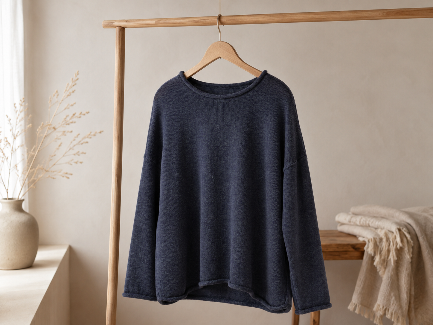 Wide neck cotton jumper shown through Ochre’s Jonah Organic Cotton Jumper, featuring a relaxed boxy shape, dropped shoulders, softly rolled wide neckline and curved hem.
