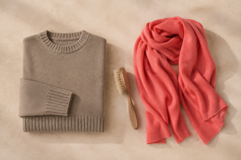 Folded taupe yak wool jumper beside a papaya cashmere travel wrap and wooden cashmere brush