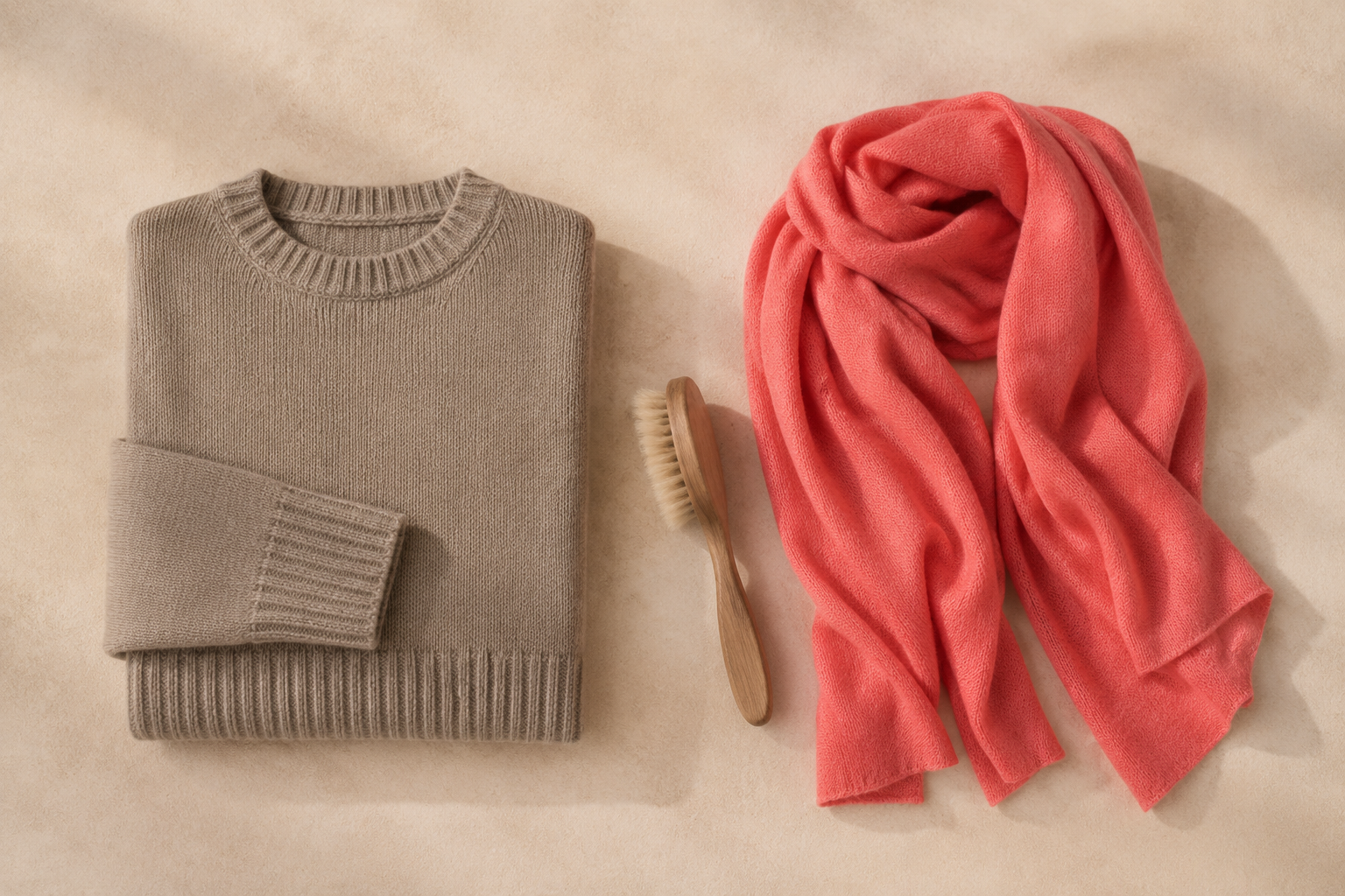 Folded taupe yak wool jumper beside a papaya cashmere travel wrap and wooden cashmere brush
