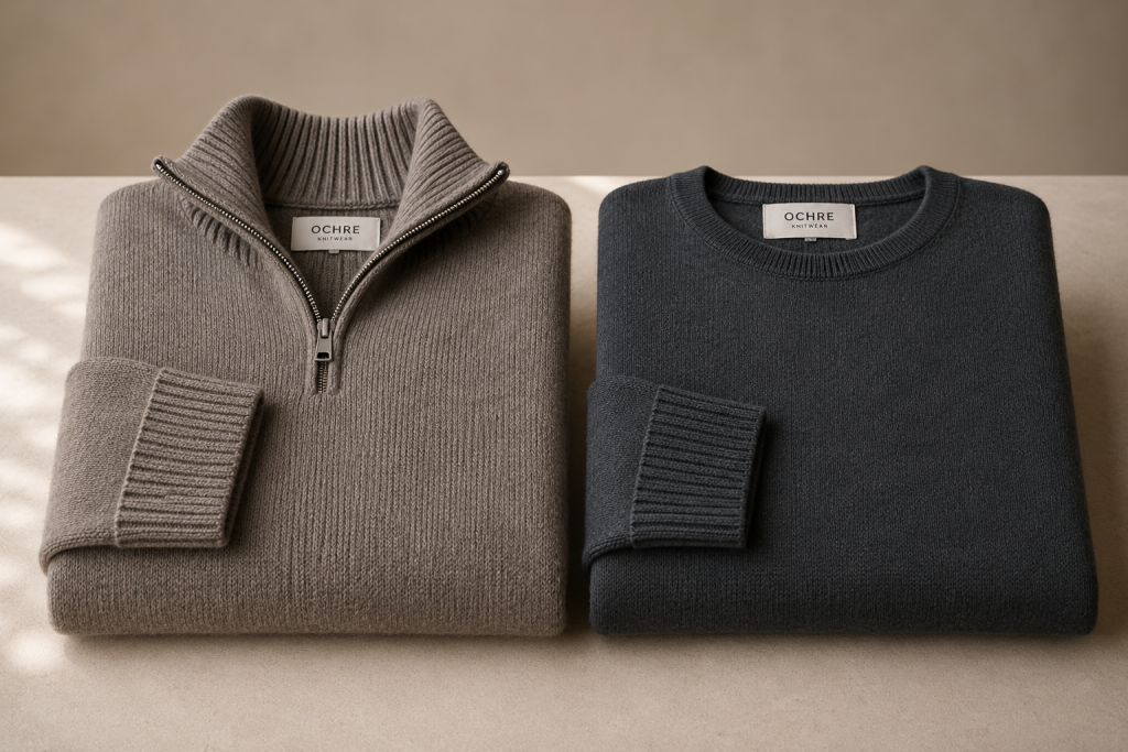 Yak wool vs merino shown through two folded Ochre jumpers side by side, comparing a taupe yak wool quarter zip with a dark merino crew neck.