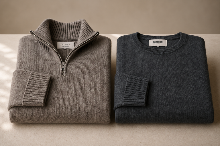 Yak wool vs merino shown through two folded Ochre jumpers side by side, comparing a taupe yak wool quarter zip with a dark merino crew neck.