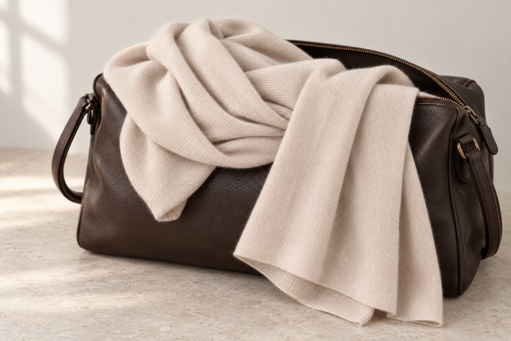Cashmere travel wrap loosely folded over an open leather overnight bag in soft daylight.