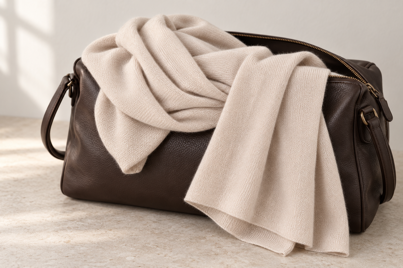 Cashmere travel wrap loosely folded over an open leather overnight bag in soft daylight.