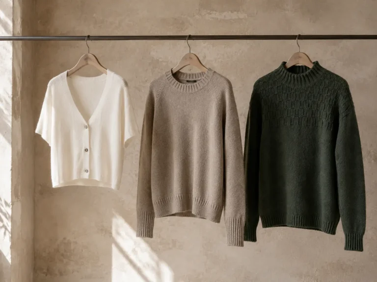 Three Ochre cashmere-blend knits arranged from lightweight to chunky