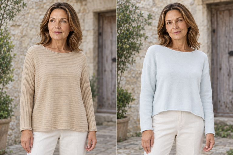 Side-by-side views of a woman wearing Ochre’s Lark cotton jumper on the left and Egg lambswool and cashmere jumper on the right.