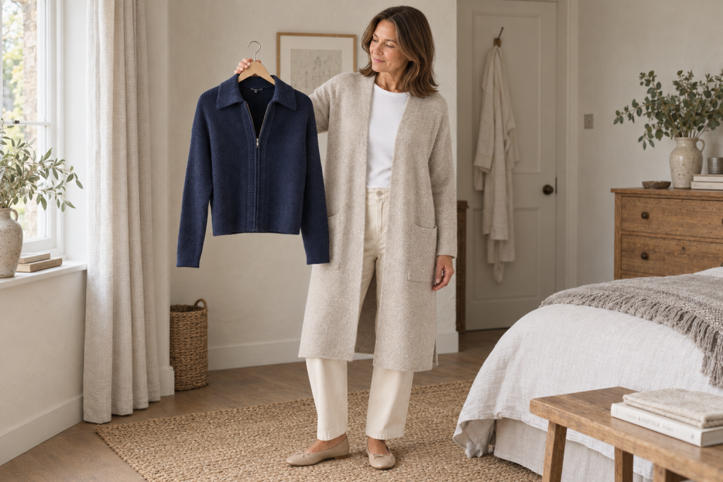 Woman wearing Ochre’s long Neel cardigan and holding the shorter navy Elida cardigan on a wooden hanger.