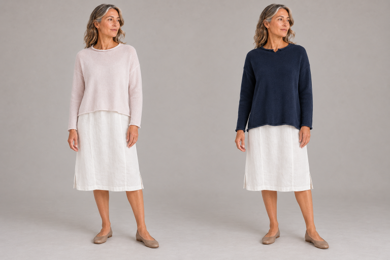 Side-by-side styling illustration of Ochre Egg and Row jumpers over an ivory Jane linen tunic dress.