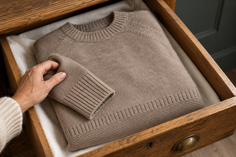 Ochre’s mocha Devon jumper folded in a lined wooden drawer, with a hand resting on its ribbed cuff.