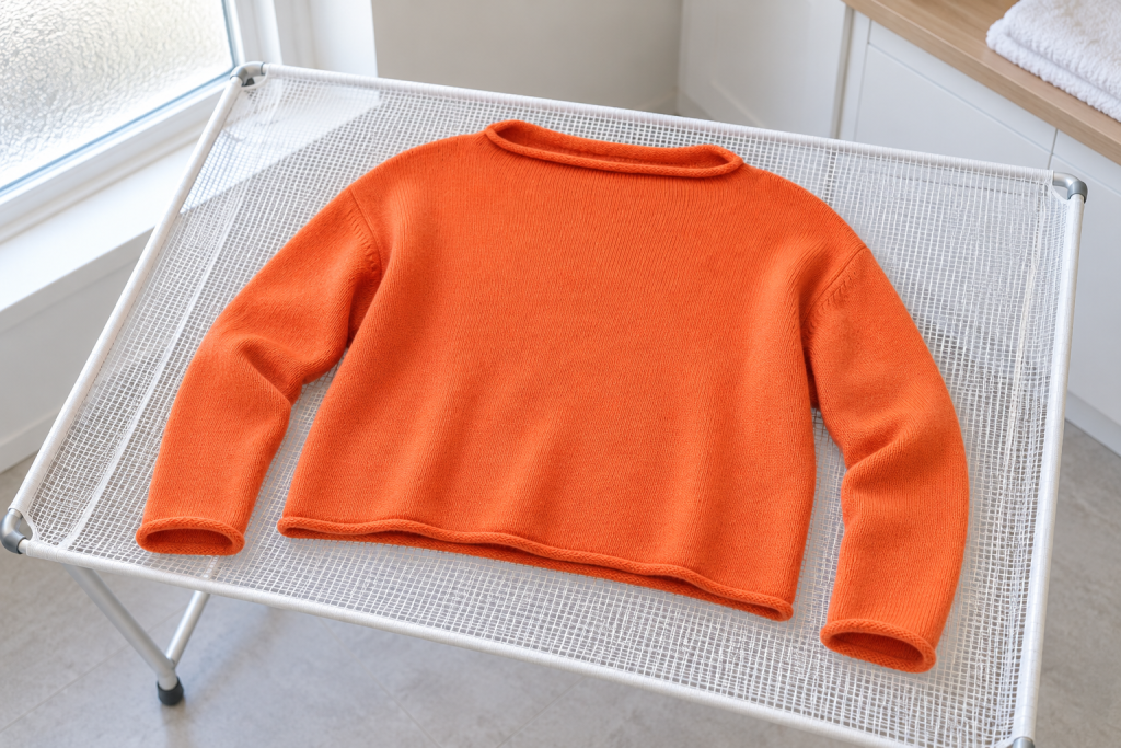 Ochre’s Orange Peel Pea jumper drying flat on a mesh rack, with its body and both sleeves fully supported