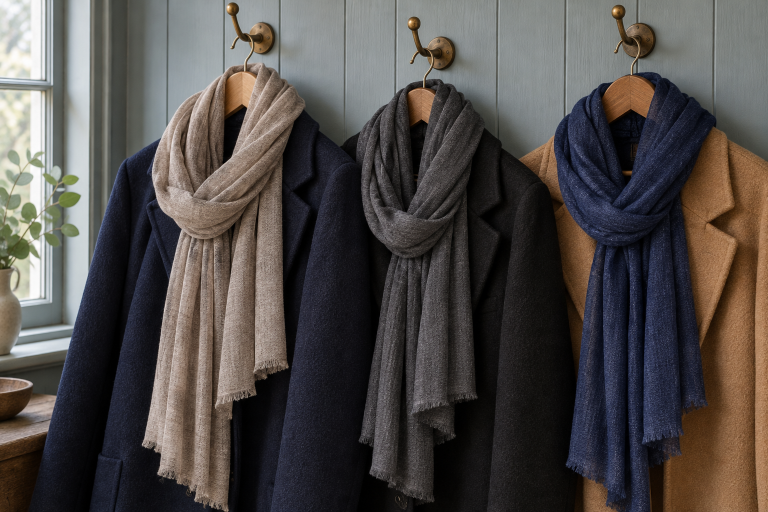 Ochre Fine Scarves in cappuccino, graphite and navy paired with navy, black and camel coats respectively
