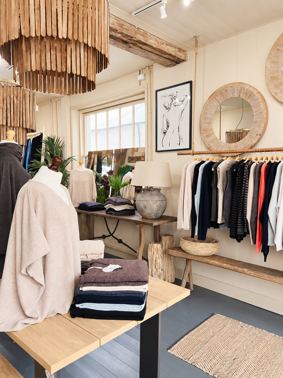Hanging jumpers, cream knitwear and rustic wooden furnishings inside Ochre’s knitwear shop in Arundel.