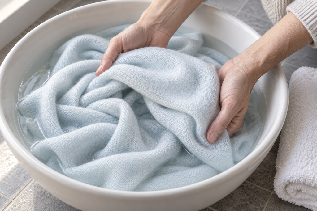 A real Ochre pure-cashmere piece resting flat on a pale towel beside a basin; overhead daylight, no model,