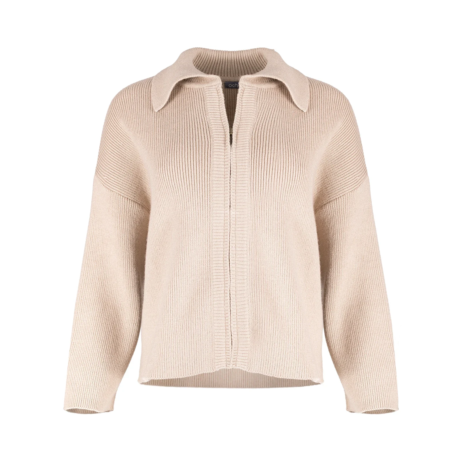zip collar cardigan in cork colour with ribbed sleeves, cropped body and centre-front zip, front view