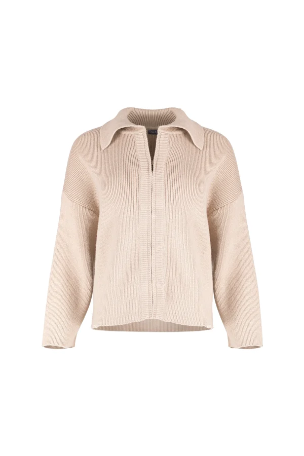 zip collar cardigan in cork colour with ribbed sleeves, cropped body and centre-front zip, front view