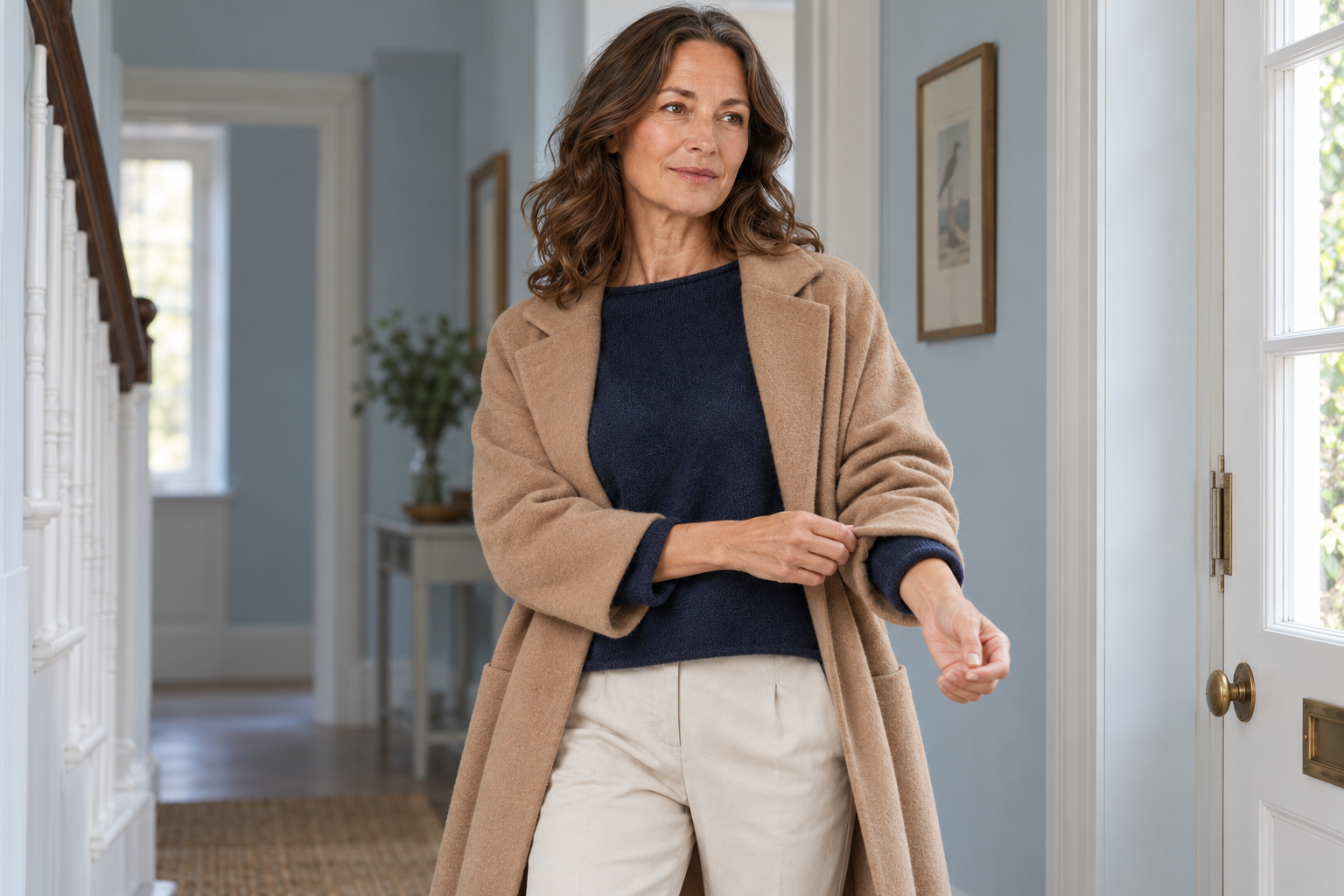 jumper-to-wear-under-a-coat-ochre - Ochre Knitwear oman wearing a fine knit jumper beneath an open coat