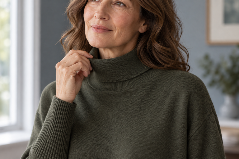 Woman hand feeling her ochre knitwear wool jumper